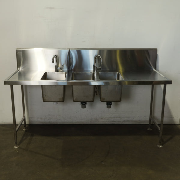 STAINLESS STEEL 3 X SINKS & 2 X TAPS S/S Bench with Sinks and Splashback
