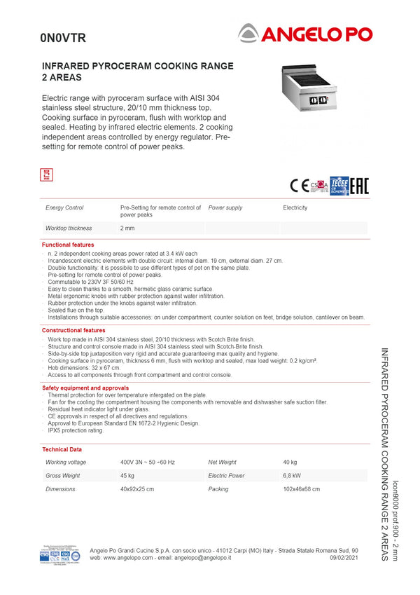 Angelo Po Icon9000 0N0VTR - 2 Burner Ceramic Cook Top