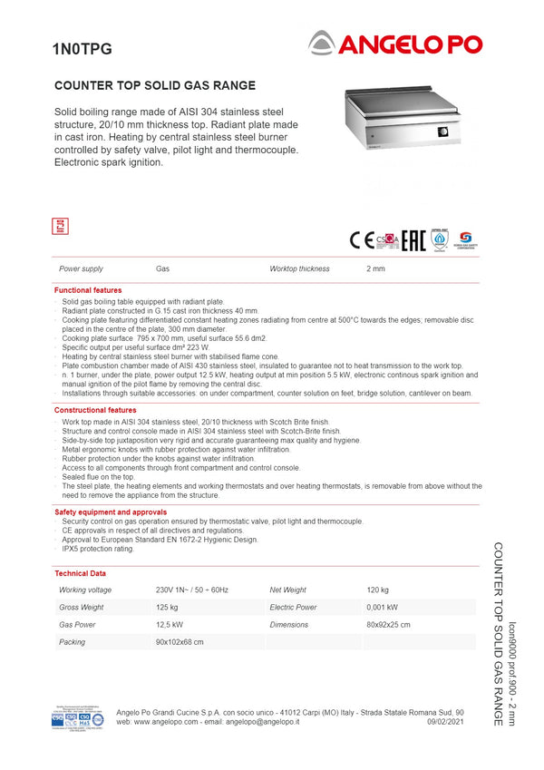Angelo Po Icon9000 1N0TPG - Solid Cook Top