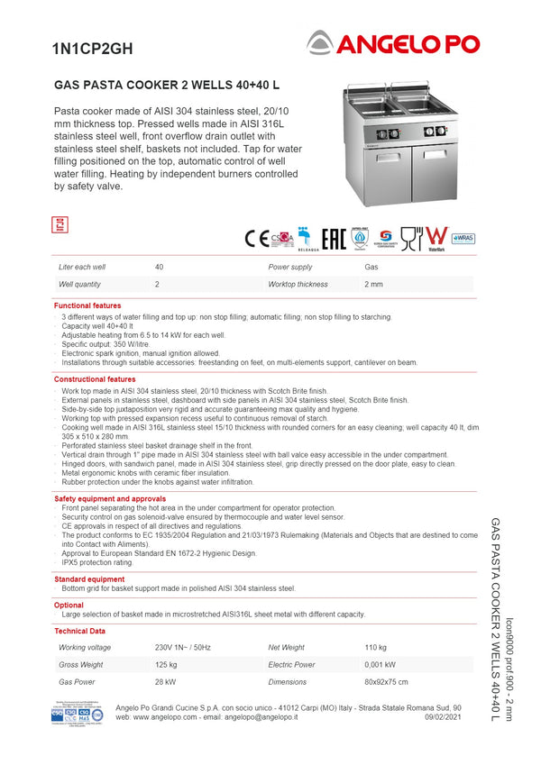 Angelo Po Icon9000 1N1CP2GH-3MM - 2 Well Pasta Cooker