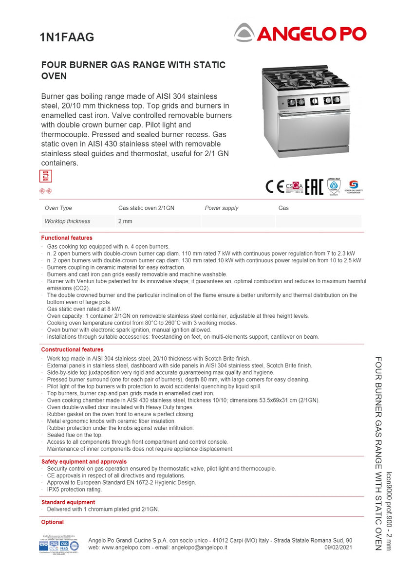 Angelo Po Icon9000 1N1FAAG 4 Burner Range Oven SilverChef