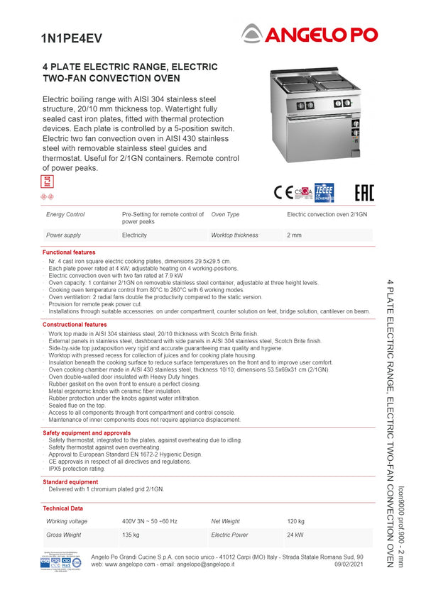 Angelo Po Icon9000 1N1PE4EV - 4 Burner Range Oven