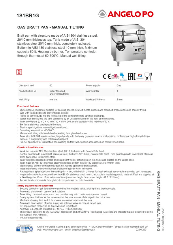 Angelo Po Icon7000 1S1BR1G - Manual Tilting Bratt Pan