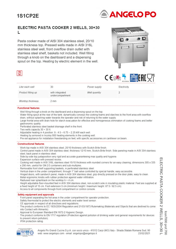 Angelo Po Icon7000 1S1CP2E - 2 Well Pasta Cooker