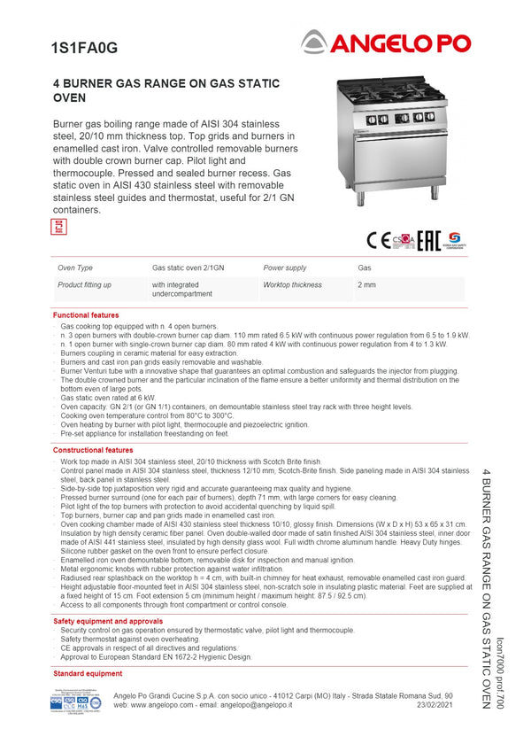 Angelo Po Icon7000 1S1FA0G - 4 Burner Range Oven