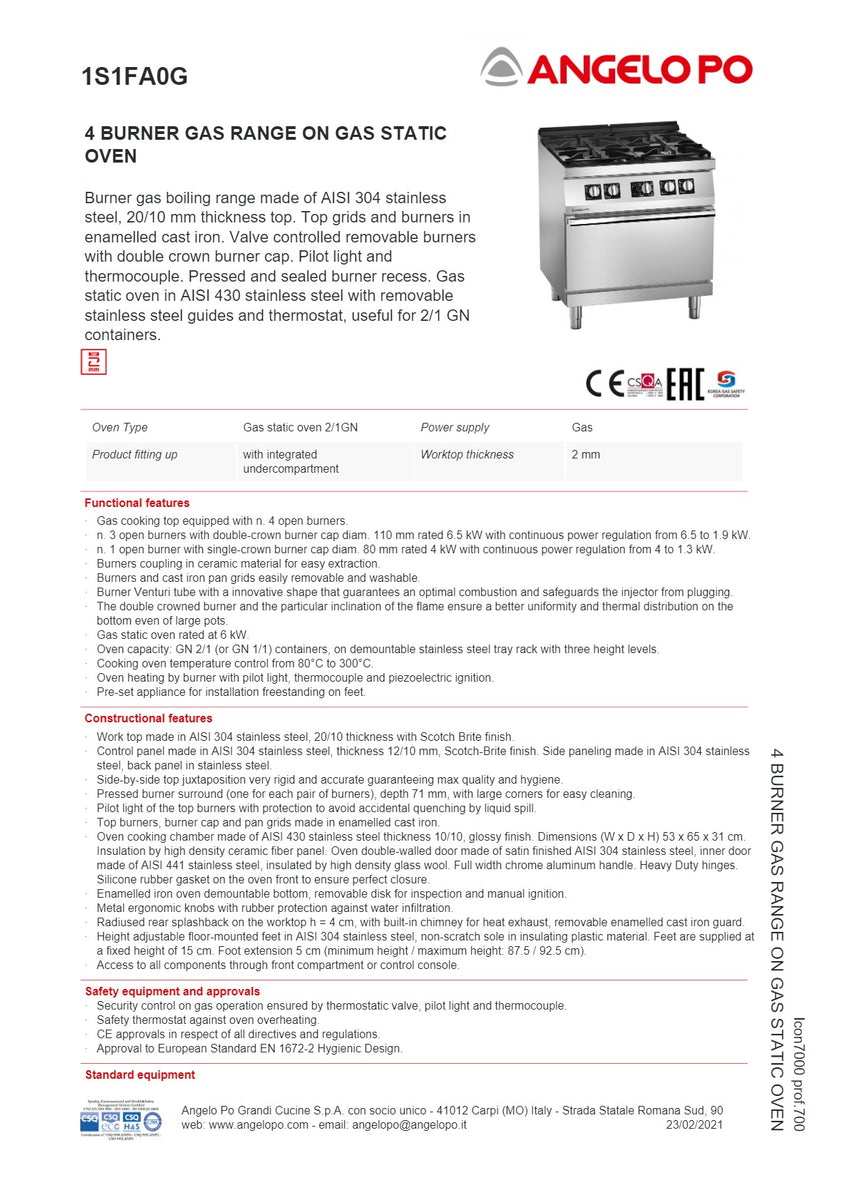 Angelo Po Icon7000 1S1FA0G 4 Burner Range Oven SilverChef