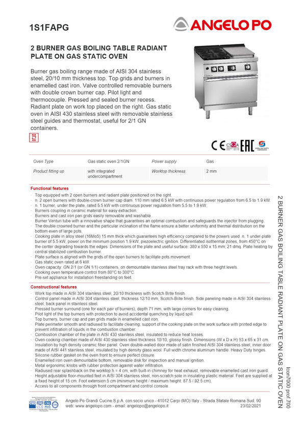 Angelo Po Icon7000 1S1FAPG - 2 Burner Range Oven