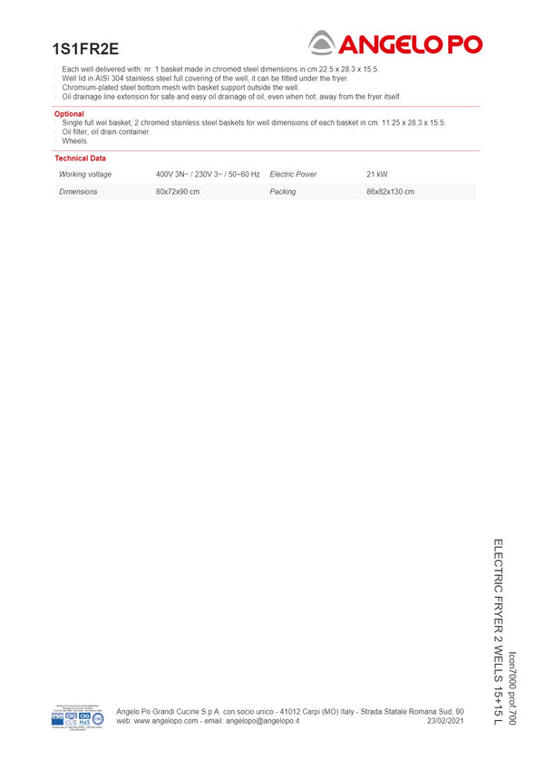 Angelo Po Icon7000 1S1FR2E - 2 Well Fryer