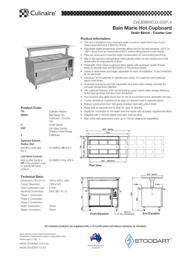 Culinaire CH.BMHC.U.GSF.4 - Bain Marie Hot Cupboard With Flat Glass Gantry