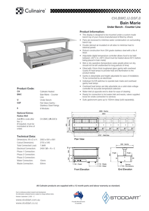 Culinaire CH.BMC.U.GSF.8 - Under Counter Bain Marie With Flat Glass Gantry