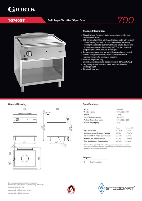 Giorik 700 Series TG740GT - Cook Top with Open Base