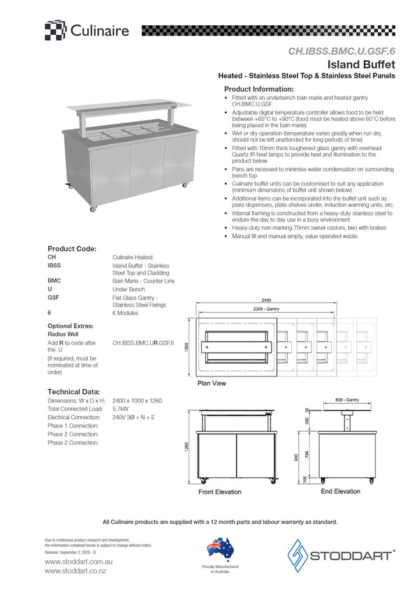 Culinaire CH.IBSS.BMC.U.GSF.6 - Heated Mobile Island Buffet With Flat Glass Gantry