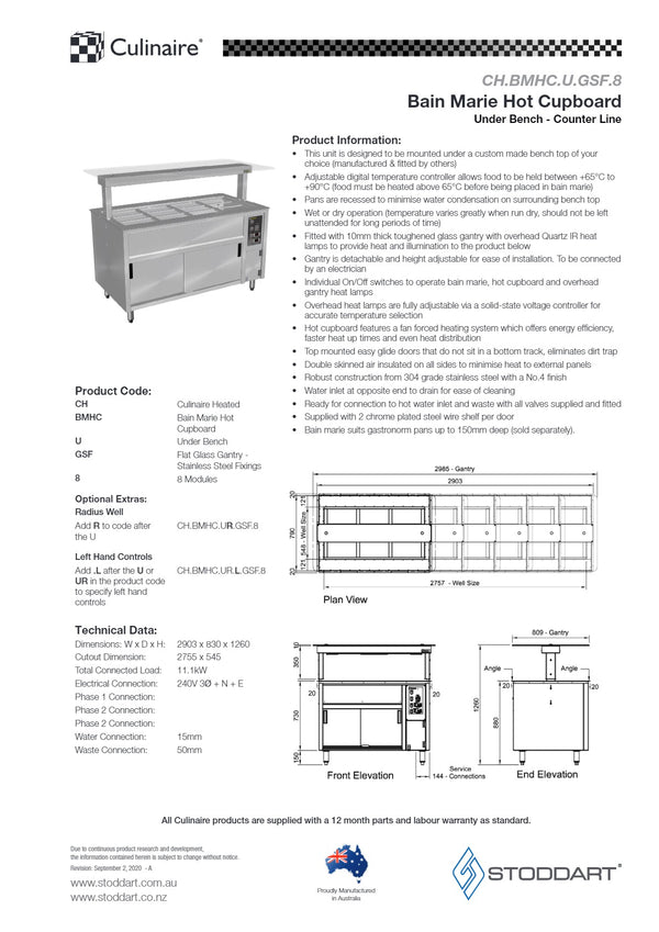 Culinaire CH.BMHC.U.GSF.8 - Bain Marie Hot Cupboard With Flat Glass Gantry