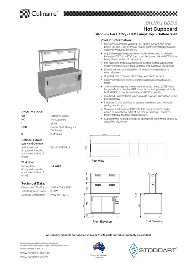Culinaire CH.HC.I.GDD.3 - Hot Cupboard Island With Double Gantry & Heat Lamps