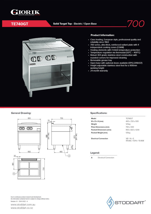Giorik 700 Series TE740GT - Cook Top with Open Base