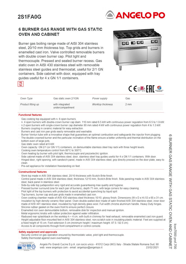 Angelo Po Icon7000 2S1FA0G - 6 Burner Range Oven