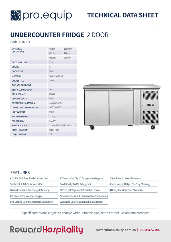 Pro.Equip 314LT - Solid Door Undercounter Fridge