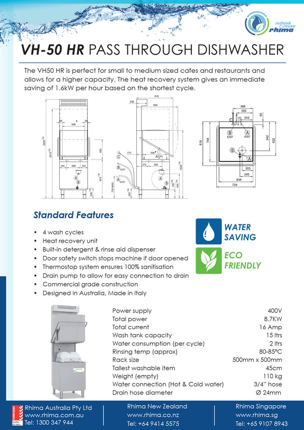 Rhima VH-50HR - Pass Through Glasswasher with Heat Recovery Unit