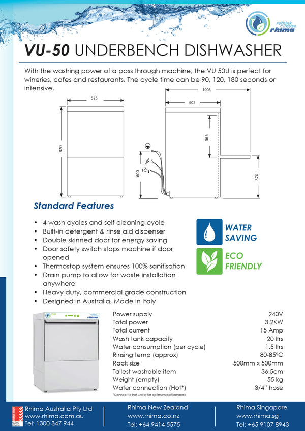 Rhima VU-50 - Underbench Glasswasher