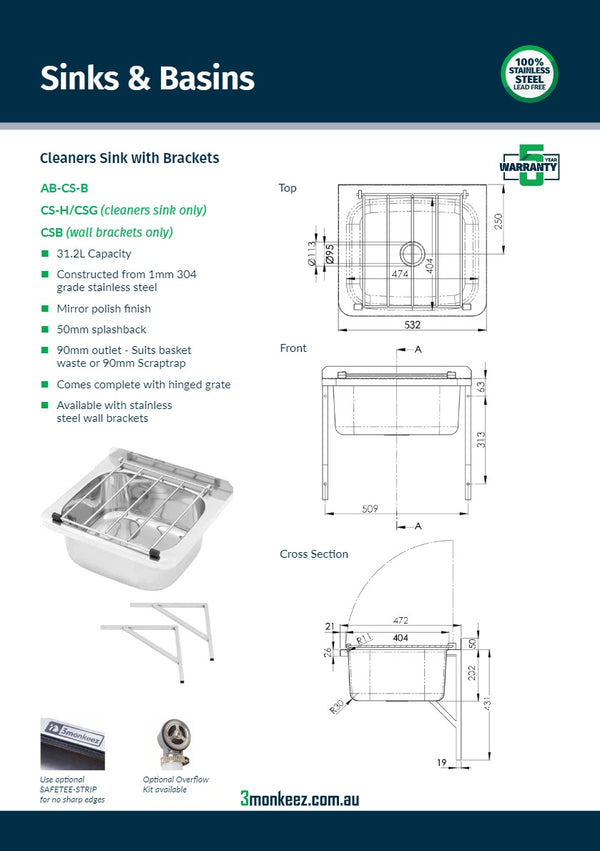 3Monkeez AB-CS-B - Cleaners Sink with Wall Mount Brackets