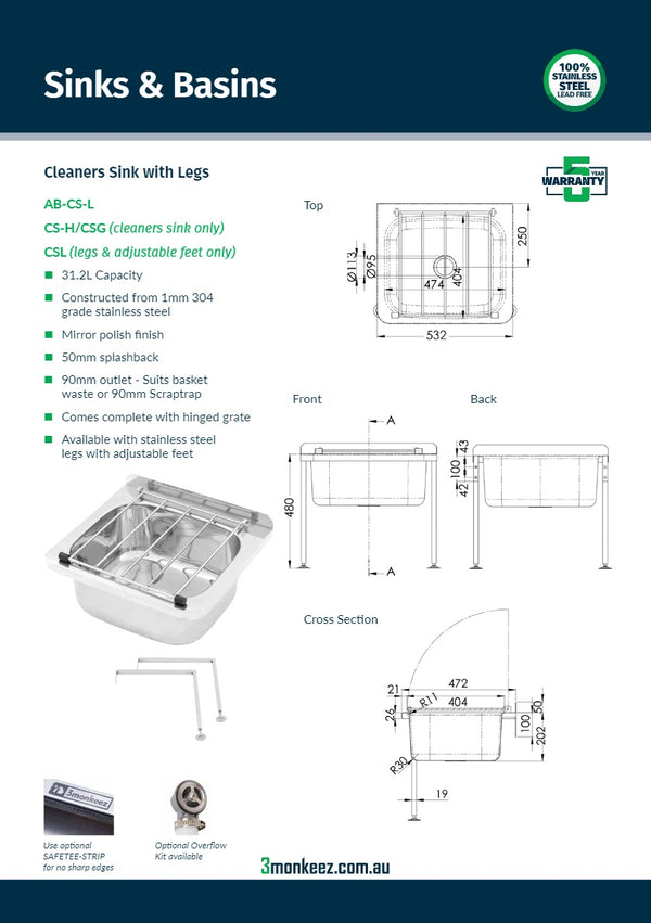 3Monkeez AB-CS-L - Cleaners Sink with Legs