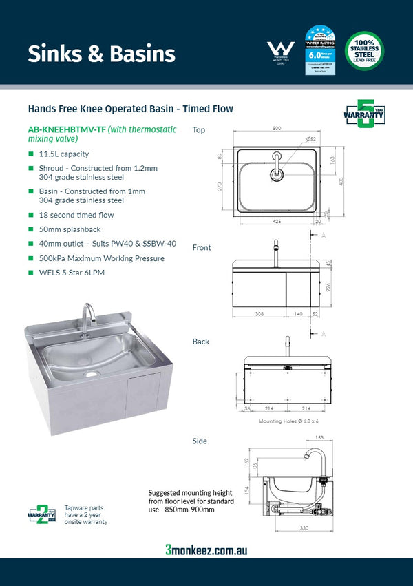3Monkeez AB-KNEEHBTMV-TF - Hands Free Knee Operated Stainless Steel Time Flow Basin