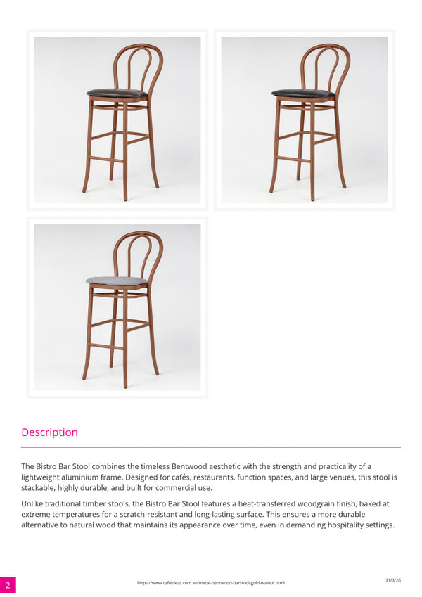 Aluminium Bentwood Stackable Bar Stool - Gold Walnut