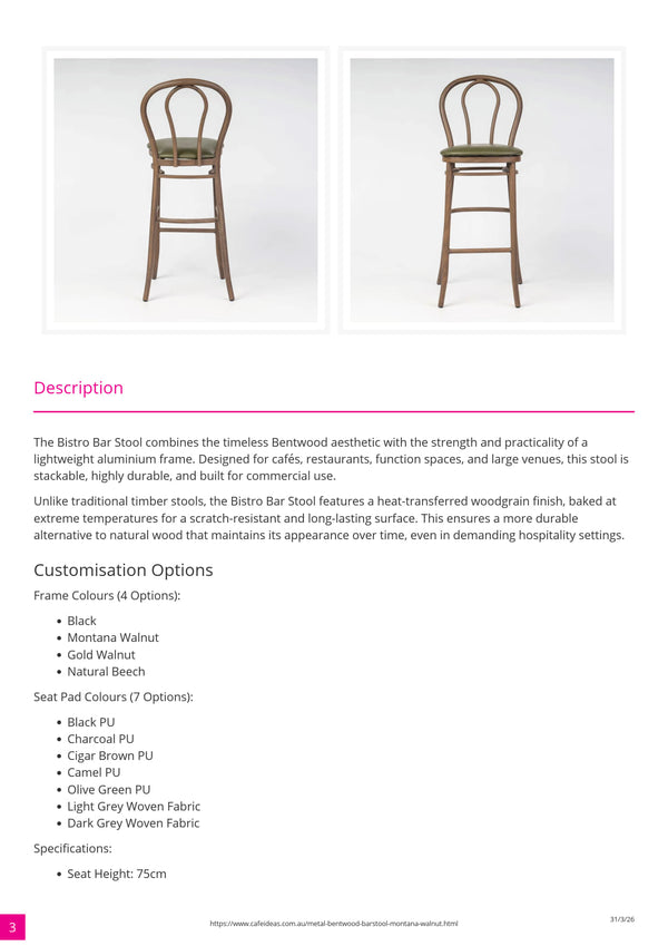 Aluminium Bentwood Stackable Bar Stool - Montana Walnut