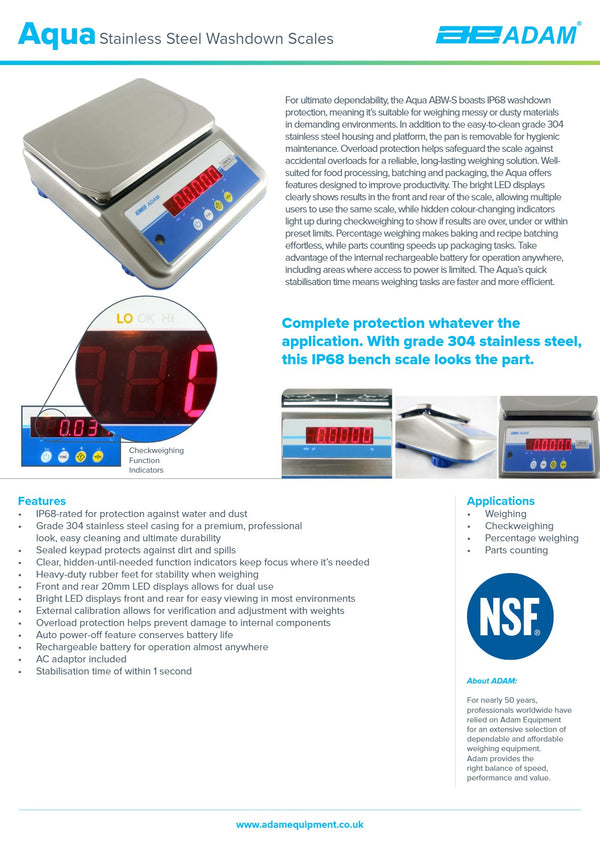 Adam Equipment Aqua ABW 16S - Stainless Steel Waterproof Scales