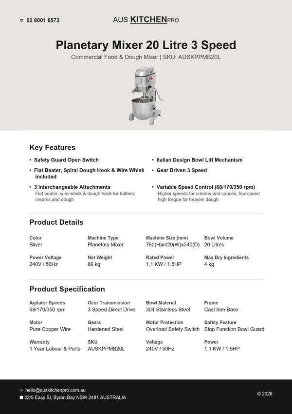 Aus Kitchen Pro AUSKPPMB20L - 20L Planetary Mixer
