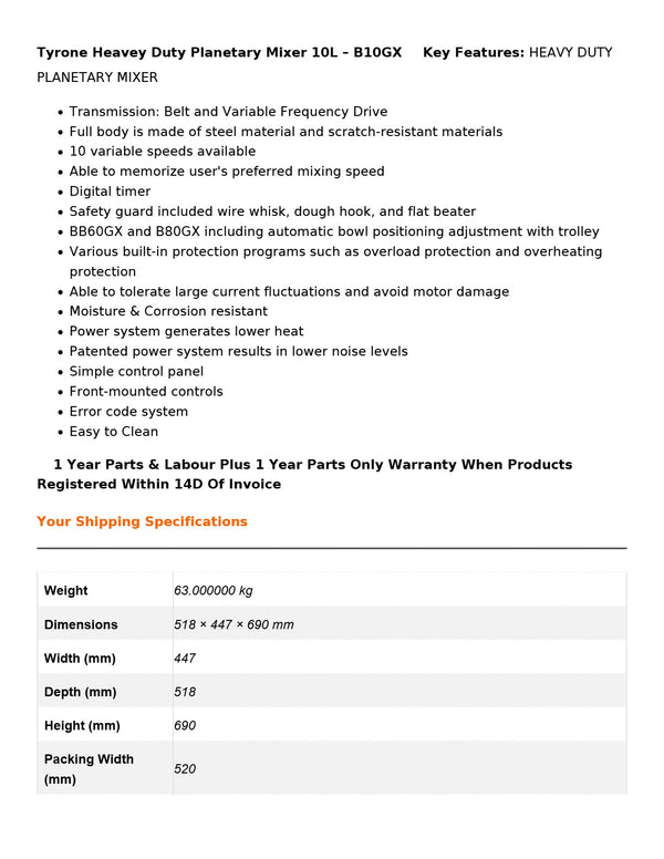 Tyrone B10GX - Planetary Mixer
