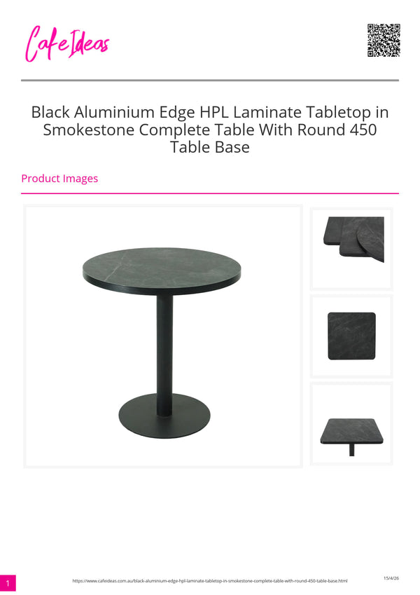 Black Aluminium Edge HPL Laminate Tabletop in Smokestone Complete Table with Round 450 Moss Green Table Base