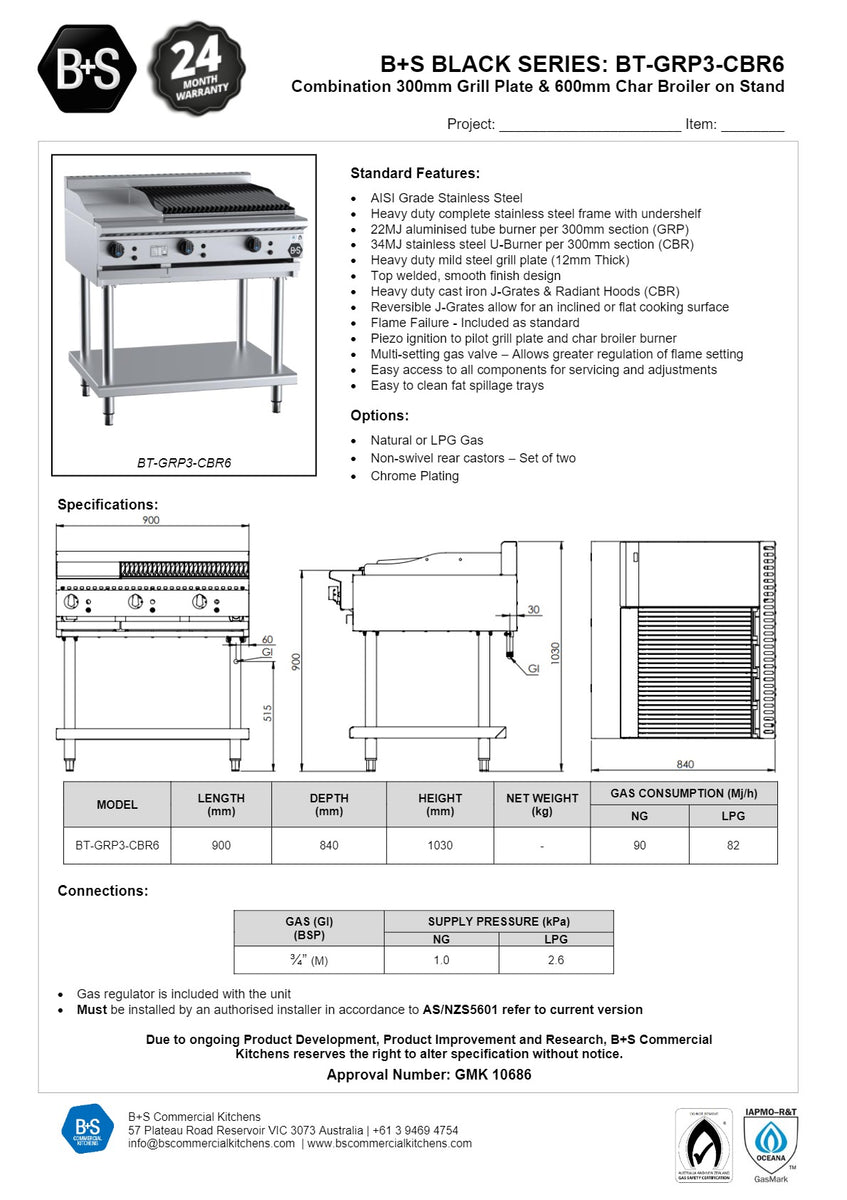 B+S Black BTGRP3CBR6 Combination Griddle & Char Grill SilverChef