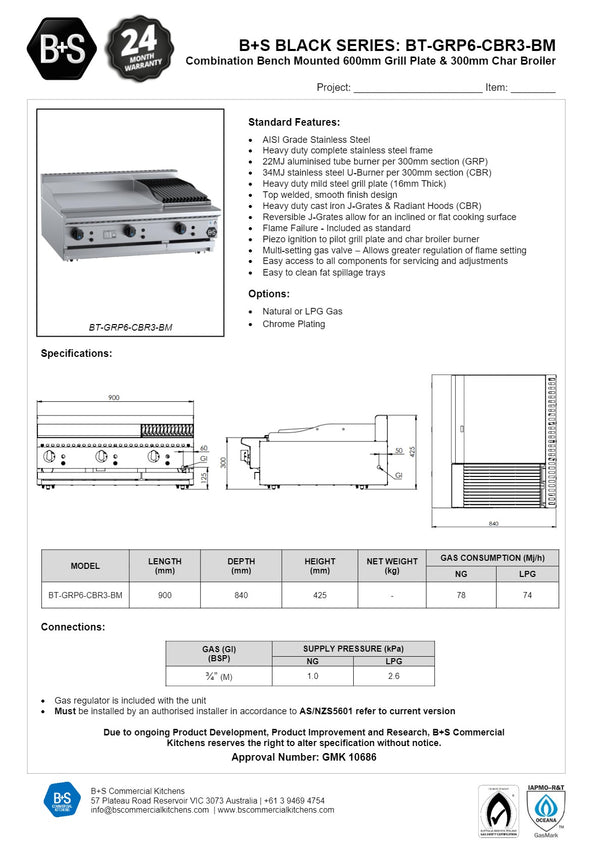 B+S Black BT-GRP6-CBR3BM - Combination Griddle & Char Grill