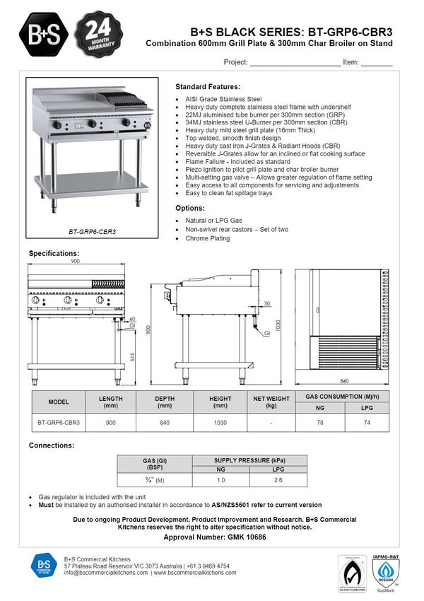 B+S Black BT-GRP6-CBR3 - Combination Griddle & Char Grill