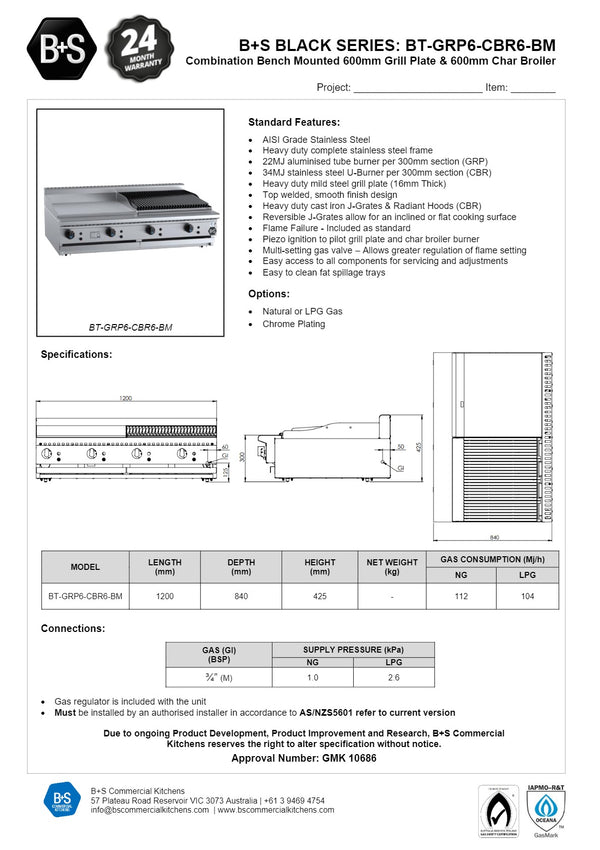 B+S Black BT-GRP6-CBR6BM - Combination Griddle & Char Grill