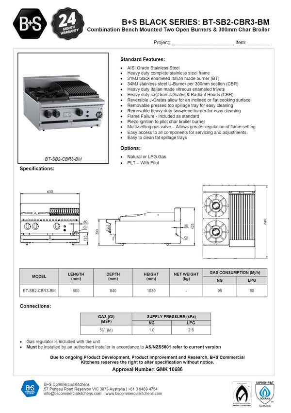 B+S Black BT-SB2-CBR3BM - Combination Cook Top & Char Grill
