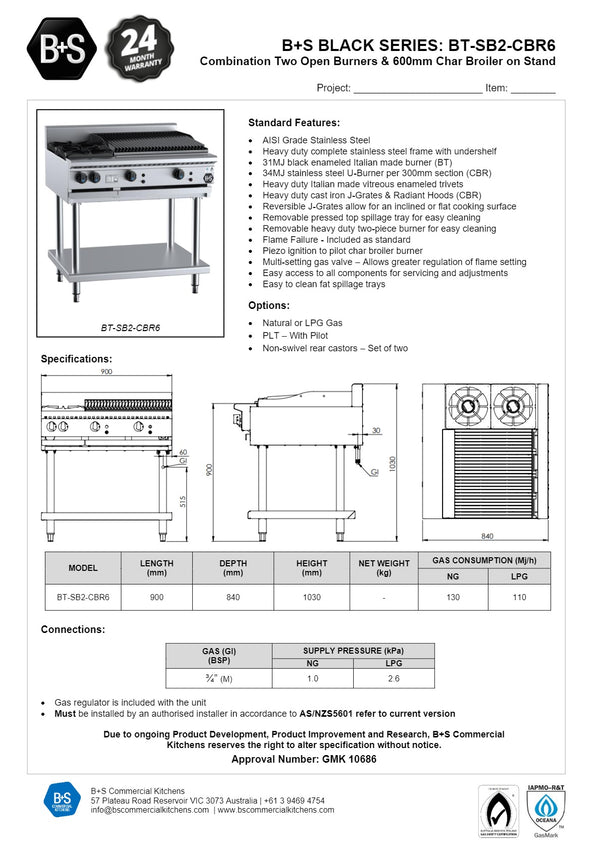 B+S Black BT-SB2-CBR6 - Combination Cook Top & Char Grill