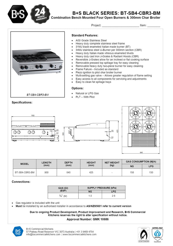 B+S Black BT-SB4-CBR3BM - Combination Cook Top & Char Grill