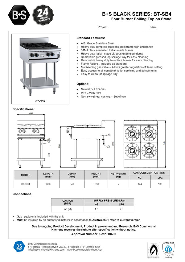 B+S Black BT-SB4 - Four Burner Boiling Top