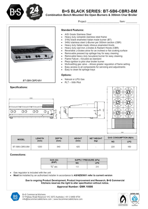 B+S Black BT-SB6-CBR3BM - Combination Cook Top & Char Grill