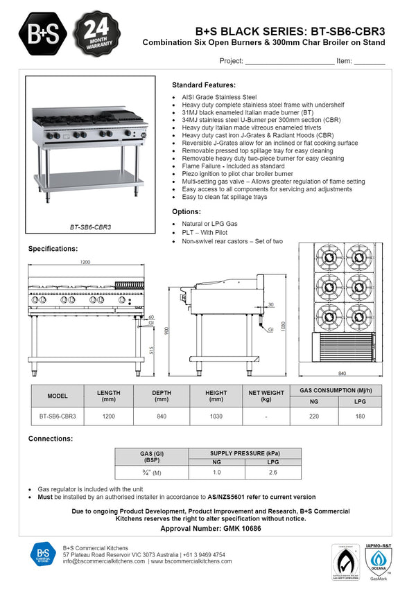 B+S Black BT-SB6-CBR3 - Combination Cook Top & Char Grill