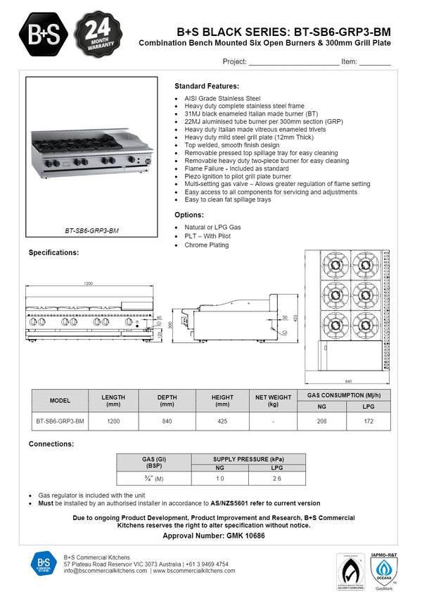 B+S Black BT-SB6-GRP3BM - Combination Cook Top & Grill Plate