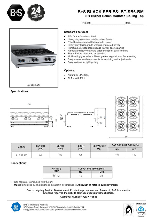 B+S Black BT-SB6BM - Bench Mounted Six Burner Boiling Top