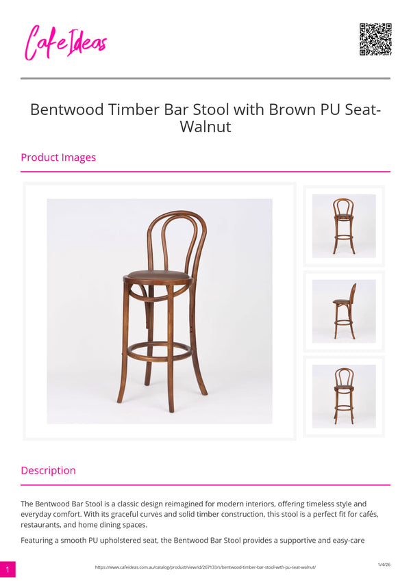 Bentwood Timber Bar Stool with PU Seat