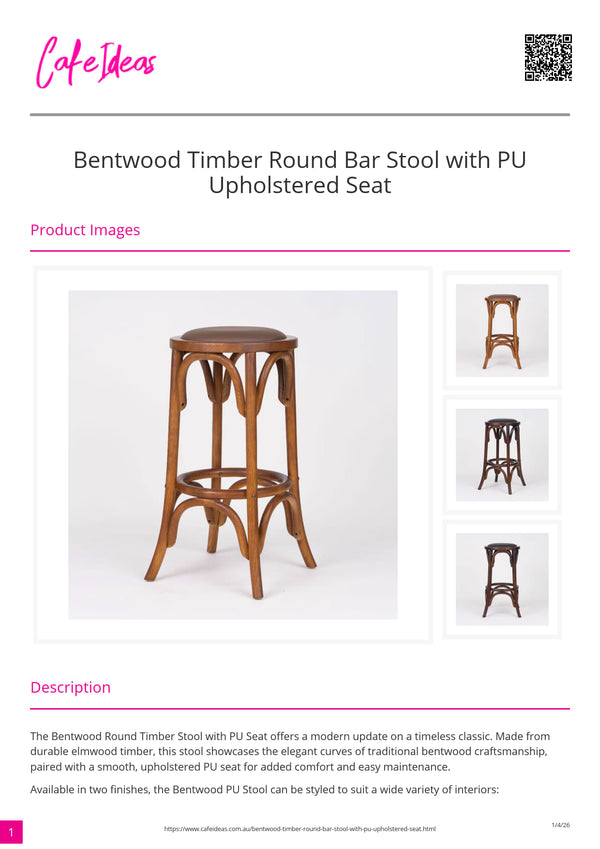 Bentwood Timber Round Bar Stool with PU Upholstered Seat