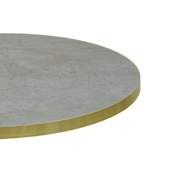 Gold Aluminium Edge HPL Laminate Tabletop in Blue Mist Quartz Complete Table with Brass Square Steel Indoor Table Base