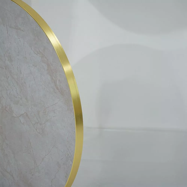 Gold Aluminium Edge HPL Laminate Tabletop in Blue Mist Quartz Complete Table with Black Cavallo 450 Table Base
