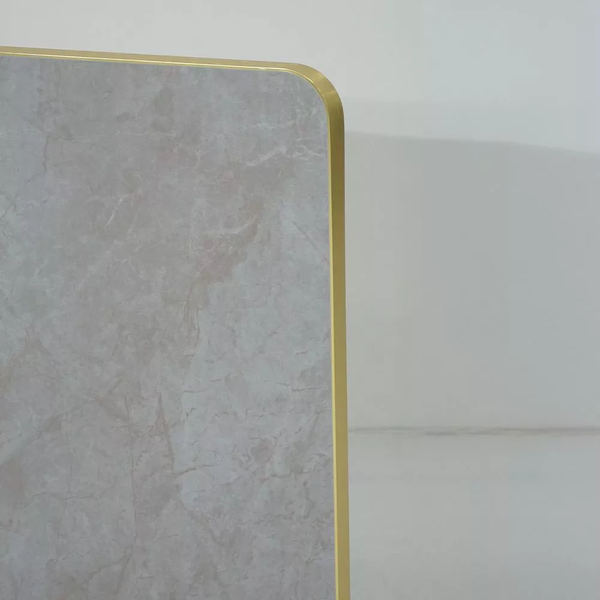 Gold Aluminium Edge HPL Laminate Tabletop in Blue Mist Quartz Complete Table with Brass Square Steel Indoor Table Base