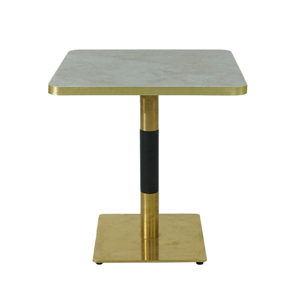 Gold Aluminium Edge HPL Laminate Tabletop in Blue Mist Quartz Complete Table with Brass Square Steel Indoor Table Base